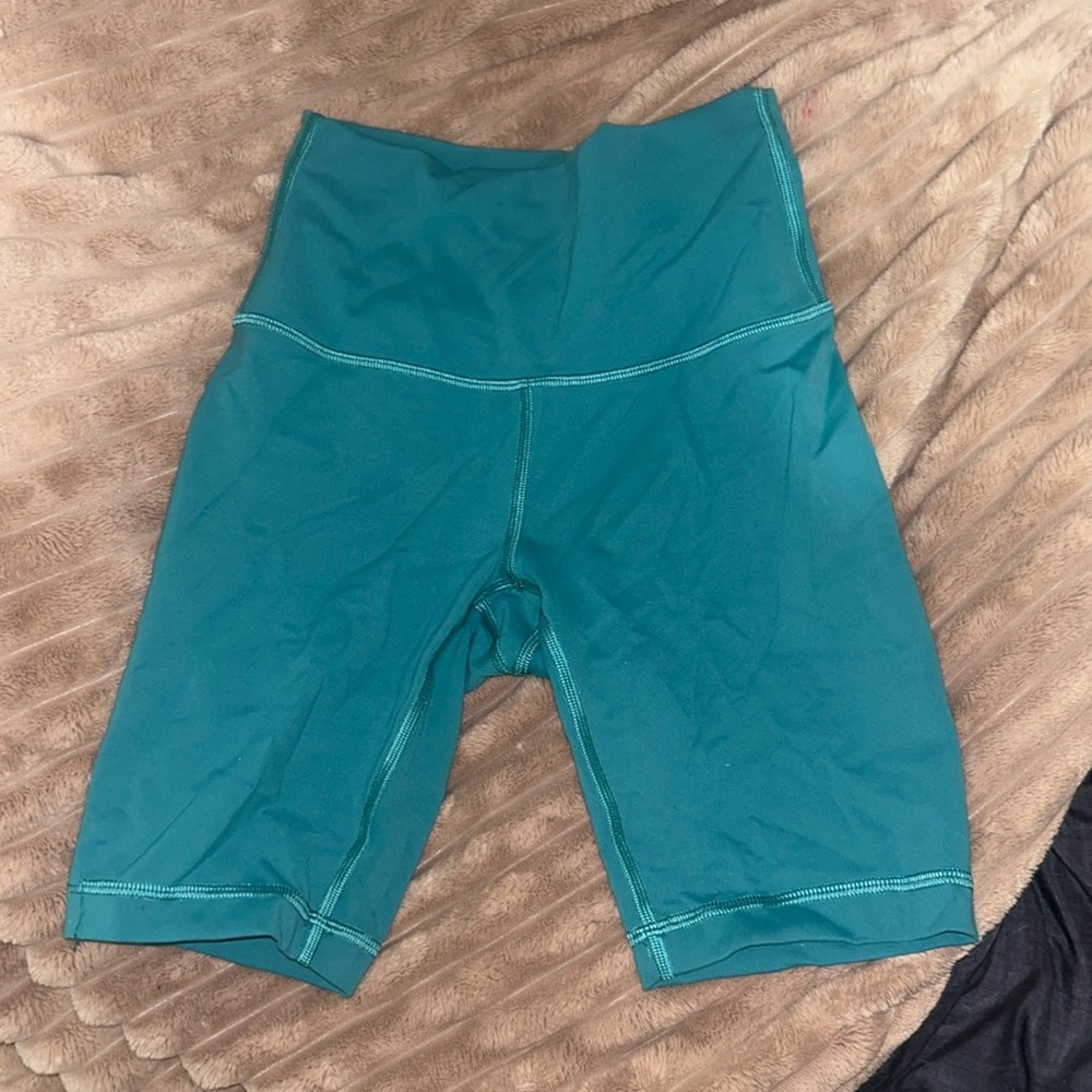 teal lulu lemon biker shorts, worn, size4.